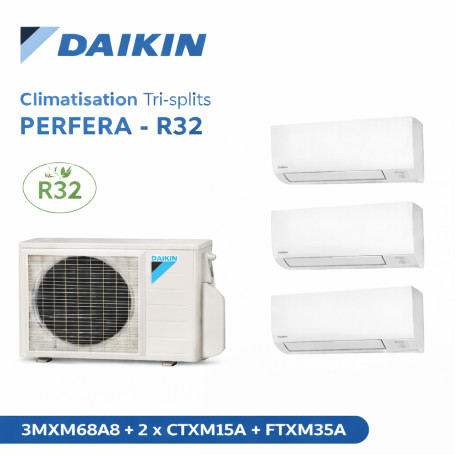 Daikin Climatisation Tri-splits - PERFERA - R32 - 3MXM68A8 + 2 x CTXM15A + FTXM35A
