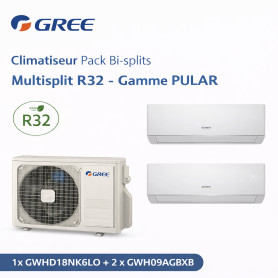 GREE Climatiseur Pack Bi-splits Multisplit R32 - Gamme PULAR - 1x GWHD18NK6LO + 2 x GWH09AGBXB