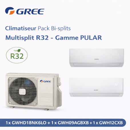 GREE Climatiseur Pack Bi-splits Multisplit R32 - Gamme PULAR - 1x GWHD18NK6LO + 1 x GWH09AGBXB + 1 x GWH12GCXB