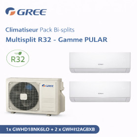 GREE Climatiseur Pack Bi-splits Multisplit R32 - Gamme PULAR - 1x GWHD18NK6LO + 2 x GWH12AGXB