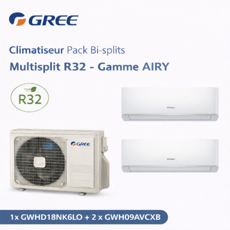 GREE Climatiseur Pack Bi-splits Multisplit R32 - Gamme AIRY - 1x GWHD18NK6LO + 2 x GWH09AVCXB