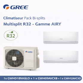 GREE Climatiseur Pack Bi-splits Multisplit R32 - Gamme AIRY - 1x GWHD18NK6LO + 1 x GWH09AVCXB + 1 x GWH12AVCXD