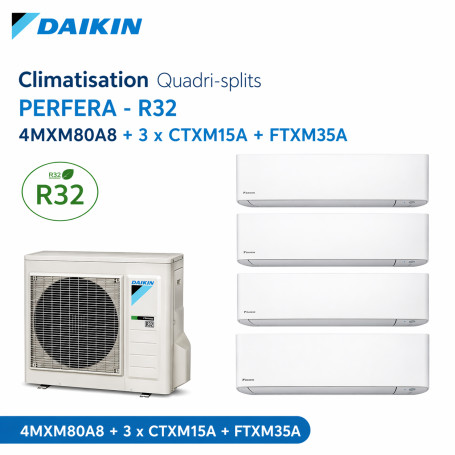 Daikin Climatisation Quadri-splits - PERFERA - R32 - 4MXM80A8 + 3 x CTXM15A + FTXM35A