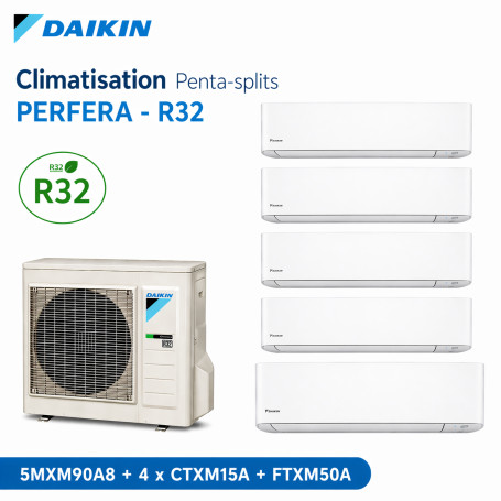 Daikin Climatisation Penta-splits - PERFERA - R32 - 5MXM90A8 + 4 x CTXM15A + FTXM50A