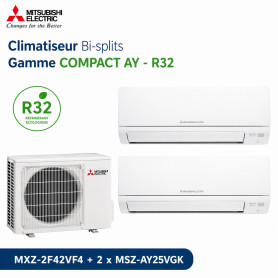 Mitsubishi Climatiseur Bi-splits - Gamme COMPACT AY - R32 - MXZ-2F42VF4 + 2 x MSZ-AY25VGK