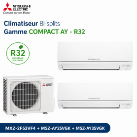 Mitsubishi Climatiseur Bi-splits - Gamme COMPACT AY - R32 - MXZ-2F53VF4 + MSZ-AY25VGK + MSZ-AY35VGK