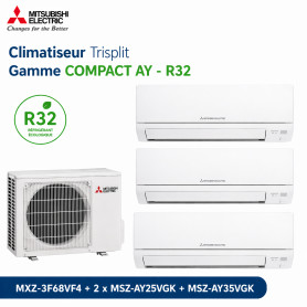 Mitsubishi Climatiseur Trisplit - Gamme COMPACT AY - R32 - MXZ-3F68VF4 + 2 x MSZ-AY25VGK + MSZ-AY35VGK