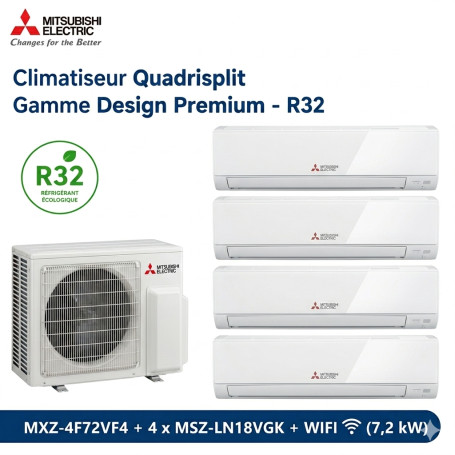 Mitsubishi Climatiseur Quadrisplit - Gamme Design Premium - R32 - MXZ-4F72VF4 + 4 x MSZ-LN18VGK + WIFI (7,2 kW)
