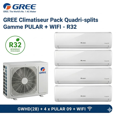 GREE Climatiseur Pack Quadri-splits R32 - Gamme PULAR + WIFI - GWHD(28) + 4 x PULAR 09