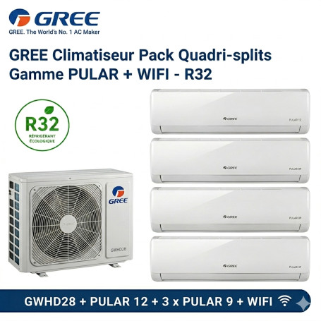GREE Climatiseur Pack Quadri-splits R32 - Gamme PULAR + WIFI - GWHD36 + PULAR 18 + 3 x PULAR 9