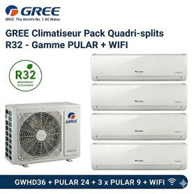 GREE Climatiseur Pack Quadri-splits R32 - Gamme PULAR + WIFI - GWHD36 + PULAR 24 + 3 x PULAR 9