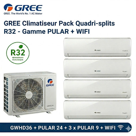 GREE Climatiseur Pack Quadri-splits R32 - Gamme PULAR + WIFI - GWHD36 + PULAR 24 + 3 x PULAR 9