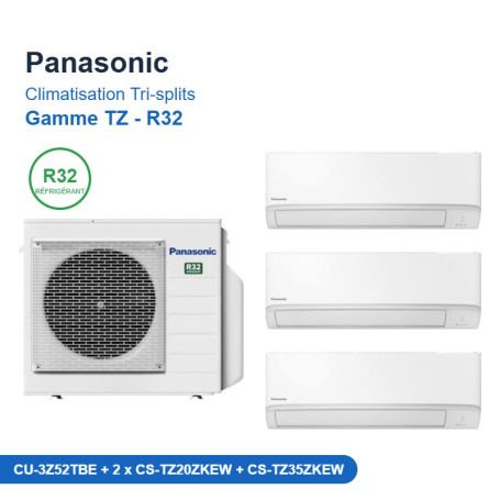 Panasonic Climatisation Tri-splits - Gamme TZ - R32 - CU-3Z52TBE + 2 x CS-TZ20ZKEW + CS-TZ35ZKEW