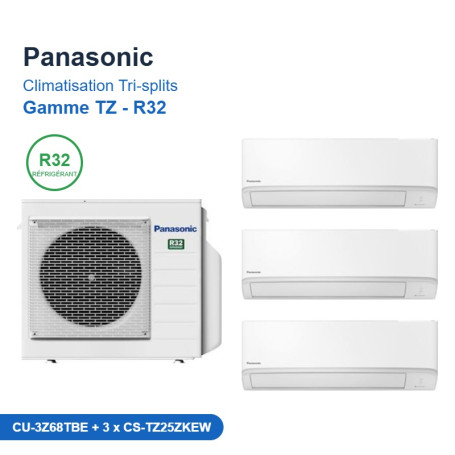 Panasonic Climatisation Tri-splits - Gamme TZ - R32 - CU-3Z68TBE + 3 x CS-TZ25ZKEW