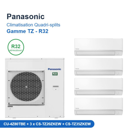 Panasonic Climatisation Quadri-splits - Gamme TZ - R32 - CU-4Z80TBE + 3 x CS-TZ20ZKEW + CS-TZ35ZKEW