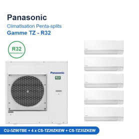 Panasonic Climatisation Penta-splits - Gamme TZ - R32 - CU-5Z90TBE + 4 x CS-TZ20ZKEW + CS-TZ35ZKEW