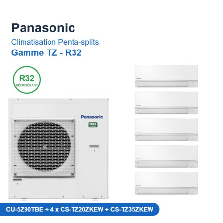 Panasonic Climatisation Penta-splits - Gamme TZ - R32 - CU-5Z90TBE + 4 x CS-TZ20ZKEW + CS-TZ35ZKEW