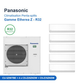 Panasonic Climatisation Penta-splits - Gamme Etherea Z - R32 - CU-5Z90TBE + 4 x CS-Z20ZKEW + CS-Z35ZKEW