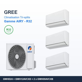 GREE Climatisation Tri-splits - Gamme AIRY - R32 - GWHD(24)NK6OO + GWH12AVCXD + 2 x GWH09AVCXB