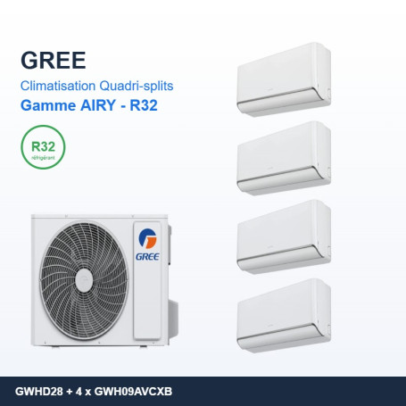 GREE Climatisation Quadri-splits - Gamme AIRY - R32 - GWHD(28)NK6OO + 4 x GWH09AVCXB