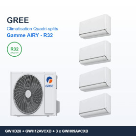 GREE Climatisation Quadri-splits - Gamme AIRY - R32 - GWHD(28)NK6OO + GWH12AVCXD + 3 x GWH09AVCXB