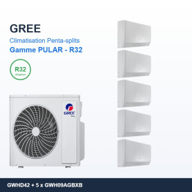 GREE Climatisation Penta-splits - Gamme PULAR - R32 - GWHD(42)NK6OO + 5 x GWH09AGBXB