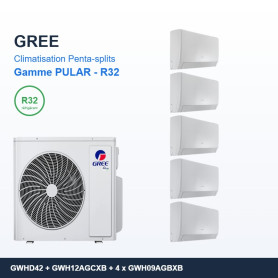 GREE Climatisation Penta-splits - Gamme PULAR - R32 - GWHD(42)NK6OO + GWH12AGCXB + 4 x GWH09AGBXB