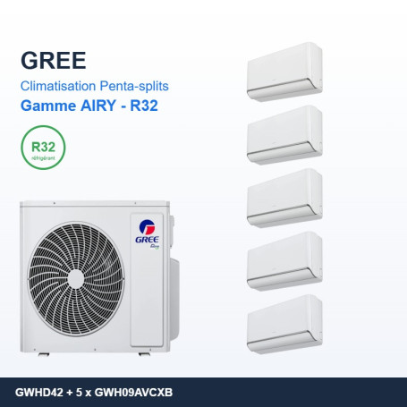 GREE Climatisation Penta-splits - Gamme AIRY - R32 - GWHD(42)NK6OO + 5 x GWH09AVCXB