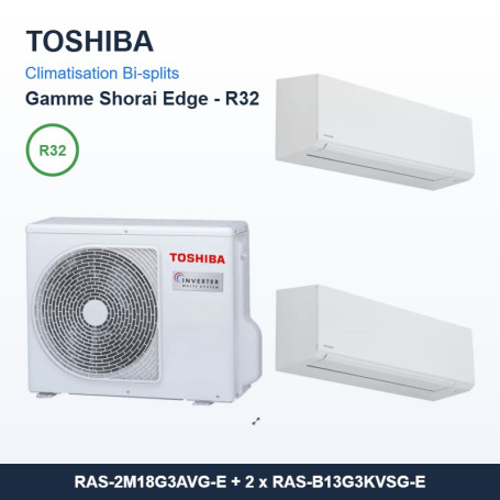 Pack Climatisation Bi-split TOSHIBA Shorai Edge 2 pièces - 2M18 + 2 x 3,5 kW R32 Wi-Fi