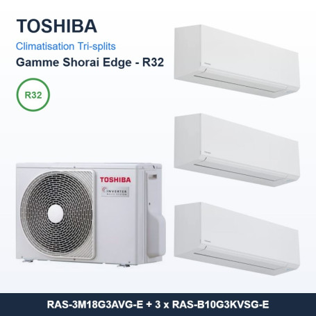 Pack Climatisation Tri-split TOSHIBA Shorai Edge 3 pièces - 3M18 + 3 x 2,5 kW R32 Wi-Fi