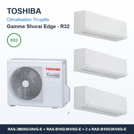 Pack Climatisation Tri-split TOSHIBA Shorai Edge 3 pièces - 3M26 + 4,6 kW + 2 x 2,5 kW R32 Wi-Fi