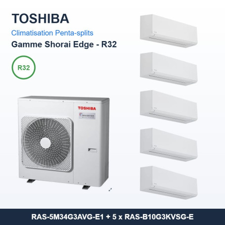 Pack Climatisation Penta-split TOSHIBA Shorai Edge 5 pièces - 5M34 + 5 x 2,5 kW R32 Wi-Fi