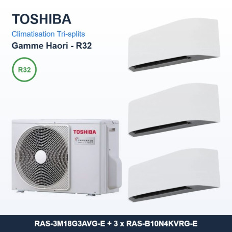 Pack Climatisation Tri-split TOSHIBA Haori 3 pièces - 3M18 + 3 x 2,5 kW R32 Wi-Fi