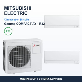 Pack Climatisation Bi-split MITSUBISHI Electric AY 2 pièces - MXZ-2F53VF + 2 x 2,5 kW R32 Wi-Fi