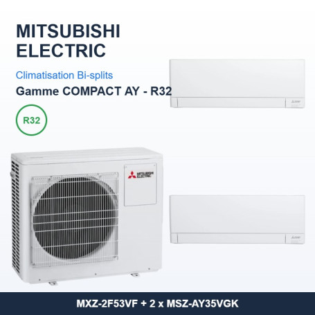 Pack Climatisation Bi-split MITSUBISHI Electric AY 2 pièces - MXZ-2F53VF + 2 x 3,5 kW R32 Wi-Fi