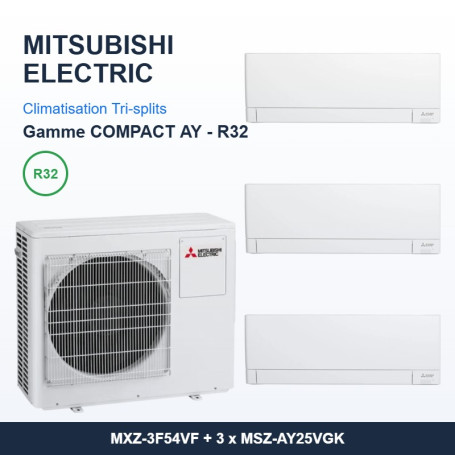 Pack Climatisation Tri-split MITSUBISHI Electric AY 3 pièces - MXZ-3F54VF + 3 x 2,5 kW R32 Wi-Fi