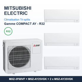 Pack Climatisation Tri-split MITSUBISHI Electric AY 3 pièces - MXZ-3F68VF + 2,5 kW + 2 x 3,5 kW R32 Wi-Fi