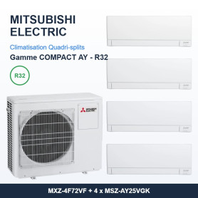 Pack Climatisation Quadri-split MITSUBISHI Electric AY 4 pièces - MXZ-4F72VF + 4 x 2,5 kW R32 Wi-Fi
