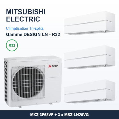Pack Climatisation Tri-split MITSUBISHI Electric Design LN 3 pièces - MXZ-3F68VF + 3 x 2,5 kW R32 Wi-Fi
