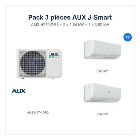 Pack Climatisation Tri-split AUX J-Smart 3 pièces - AM3-H27/4DR3 + 2 x 2,64 kW + 1 x 3,52 kW R32 Wi-Fi