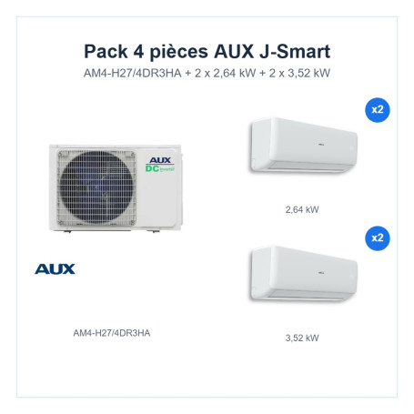 Pack Climatisation Quadri-split AUX J-Smart 4 pièces - AM4-H27/4DR3HA + 2 x 2,64 kW + 2 x 3,52 kW R32 Wi-Fi