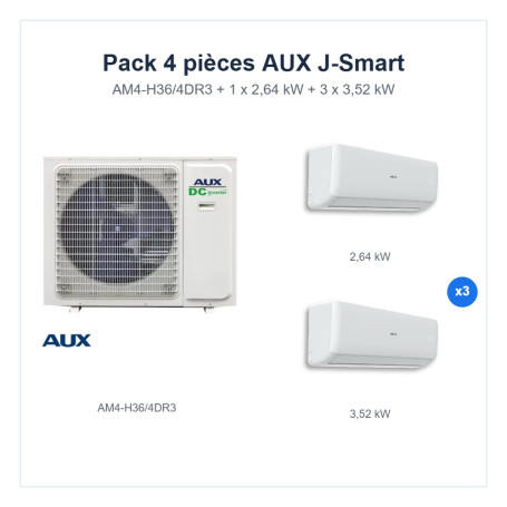 Pack Climatisation Quadri-split AUX J-Smart 4 pièces - AM4-H36/4DR3 + 1 x 2,64 kW + 3 x 3,52 kW R32 Wi-Fi
