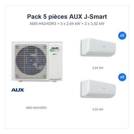 Pack Climatisation Penta-split AUX J-Smart 5 pièces - AM5-H42/4DR3 + 3 x 2,64 kW + 2 x 3,52 kW R32 Wi-Fi