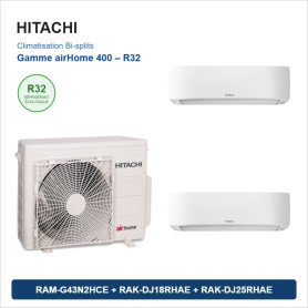 Pack Climatisation Bi-split HITACHI airHome 400 2 pièces - RAM-G43N2HCE + 1 x RAK-DJ18RHAE + 1 x RAK-DJ25RHAE