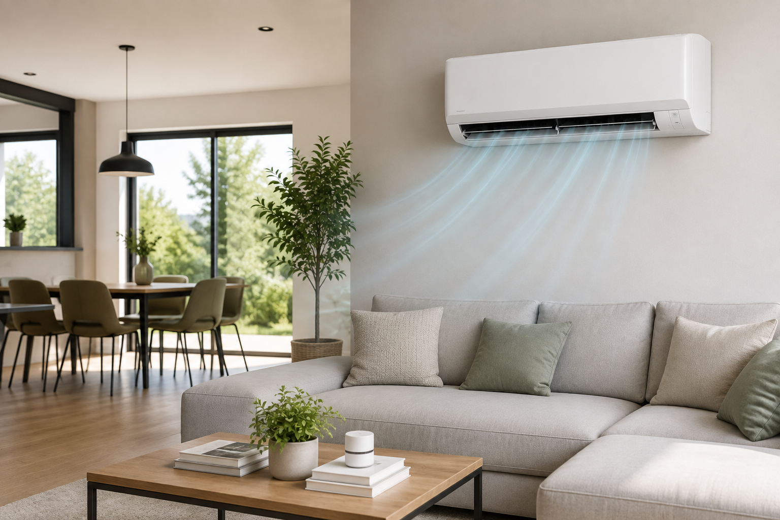Salon scandinave rafraîchi par la climatisation